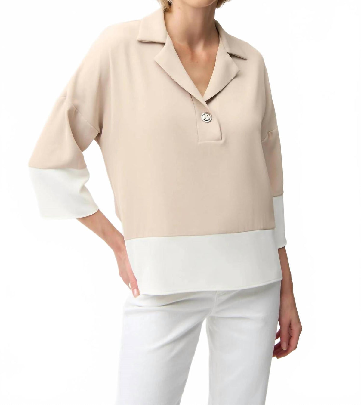 Color Block Quarter Sleeves Boxy Top In Parchment/off-White