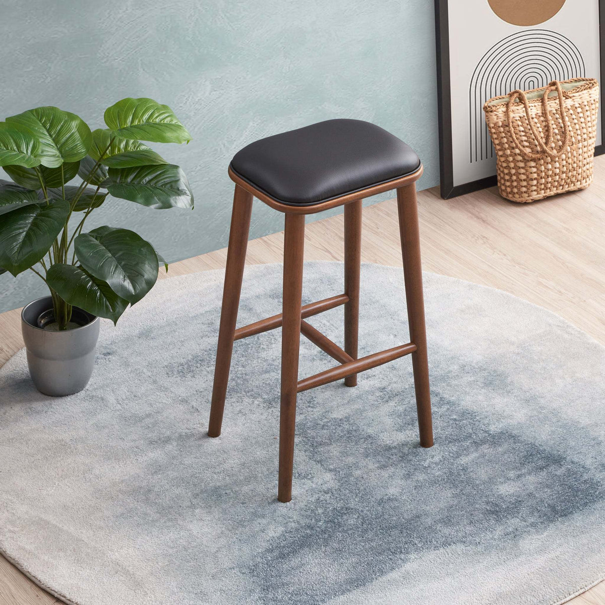 Mid-Century PU Leather Bar Stool with Wood Frame