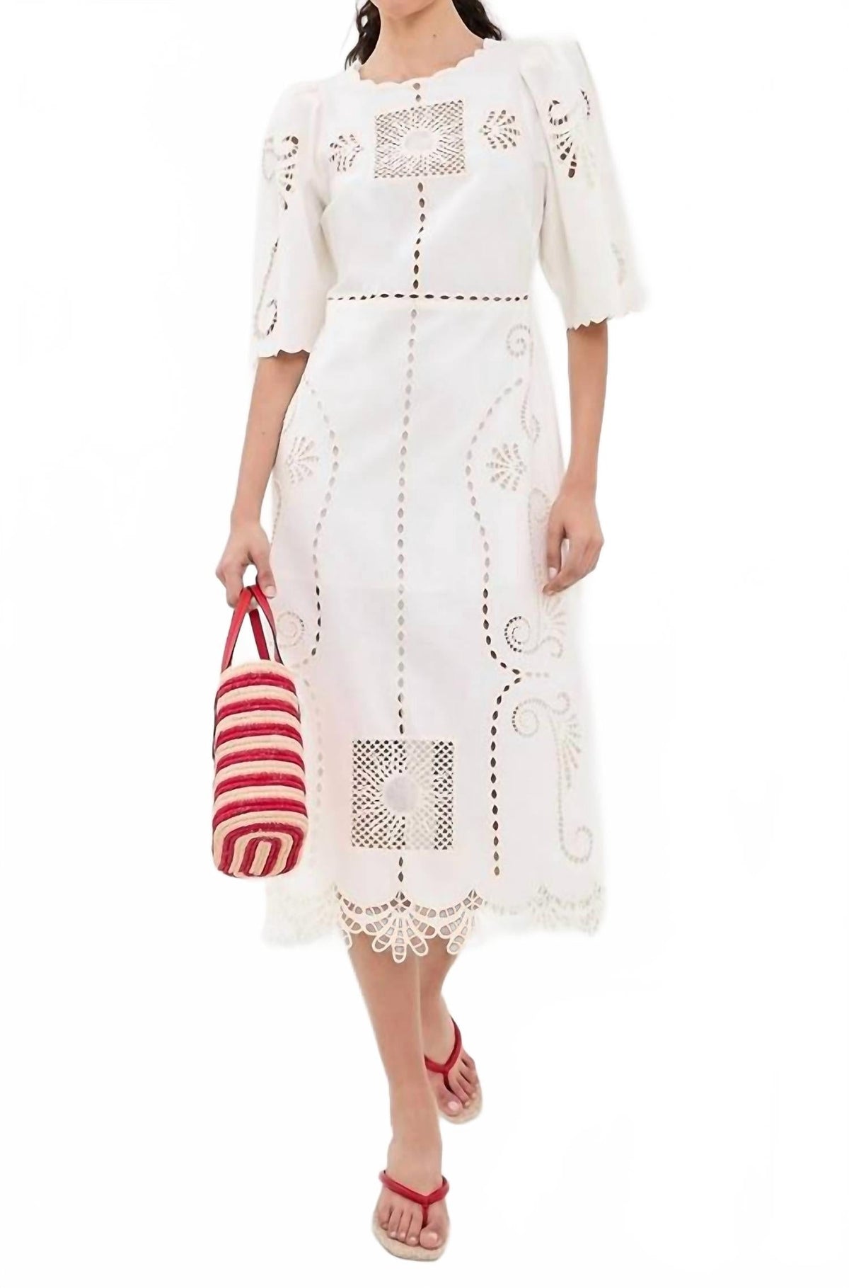 Valentina Cutout Embroidery Midi Dress In Off White