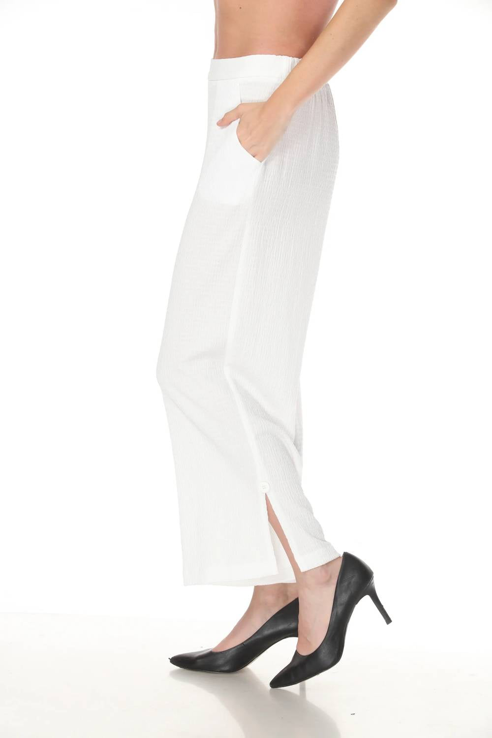 Textured Side Slit Wide Leg Pants In Off-White
