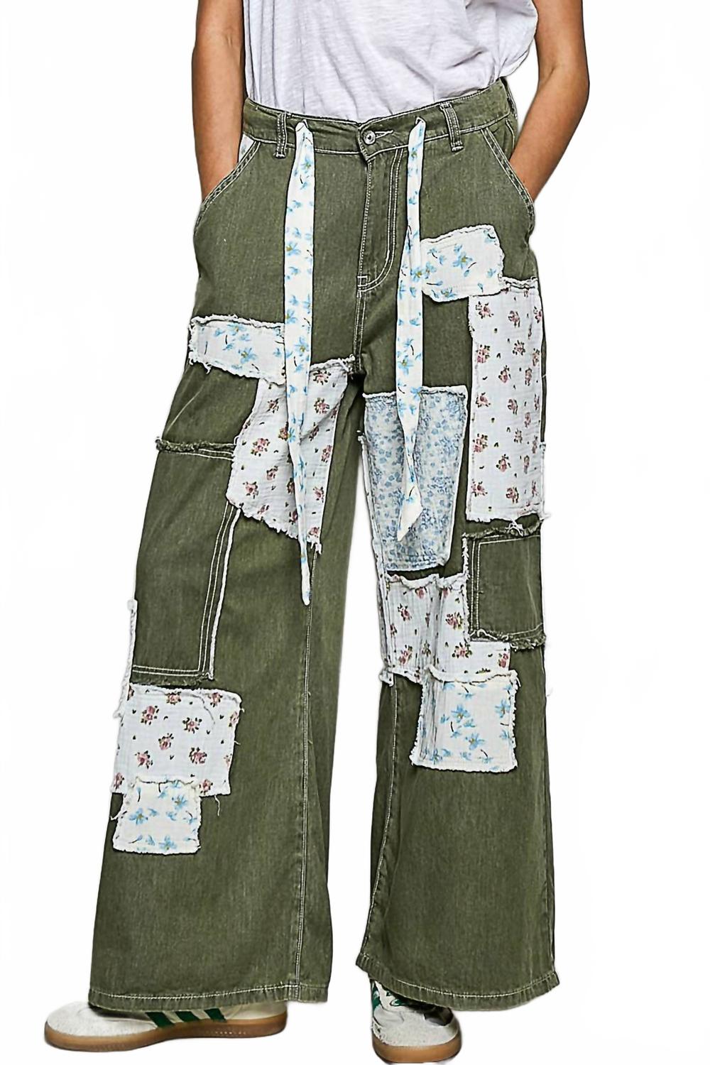 Patchwork Detail Denim Straight Fit Pants In Olive Multi