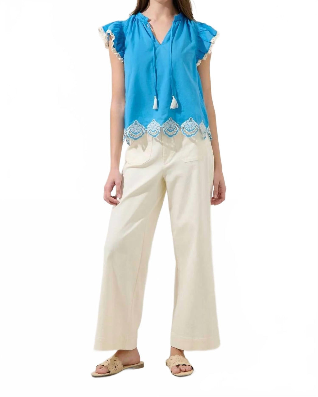 Regina Embroidered Ruffle Tassel Top In Cerulean Blue