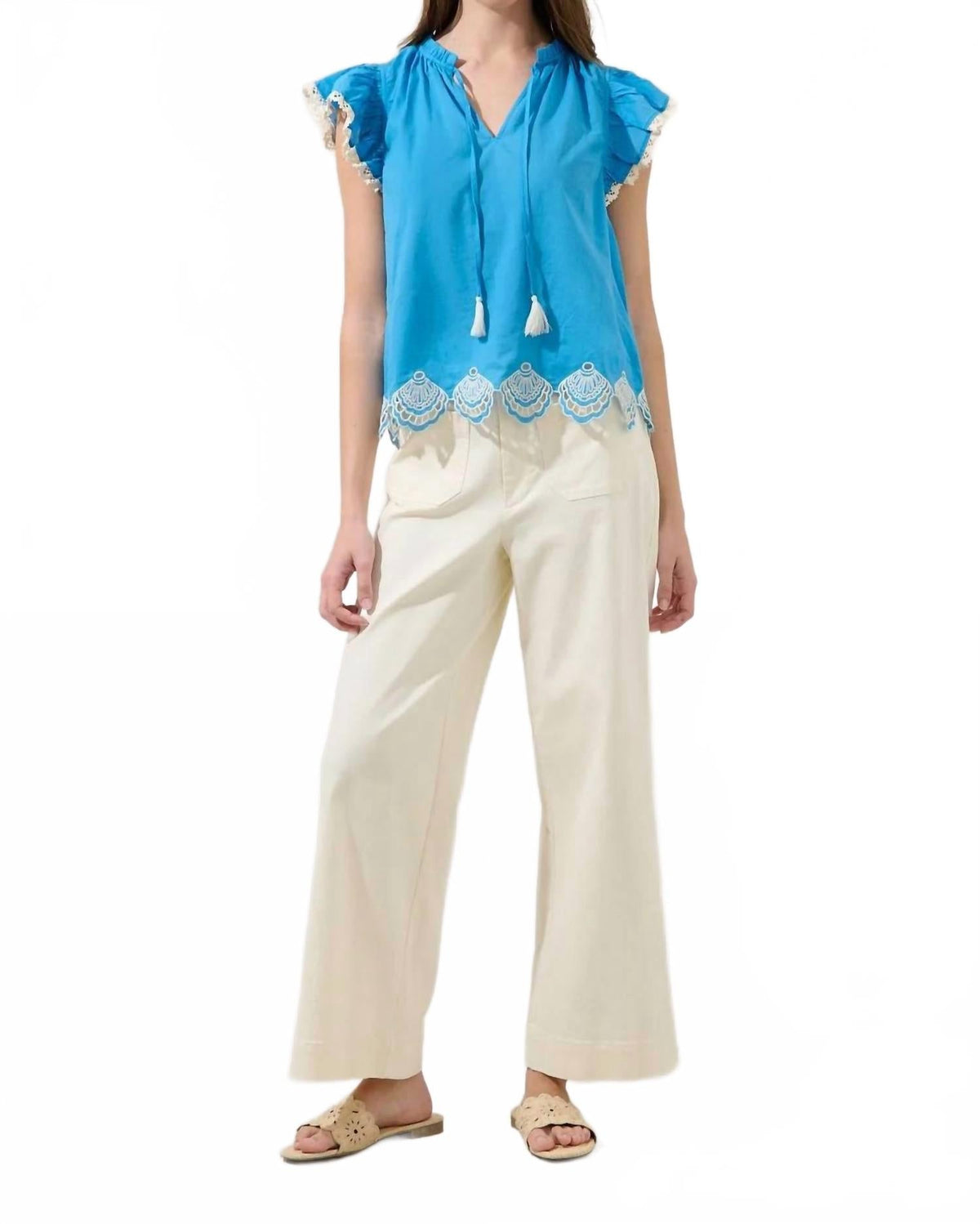 Regina Embroidered Ruffle Tassel Top In Cerulean Blue