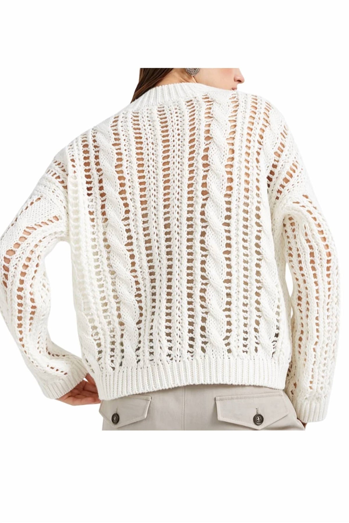 Open-Knit V-Neck Sweater In White