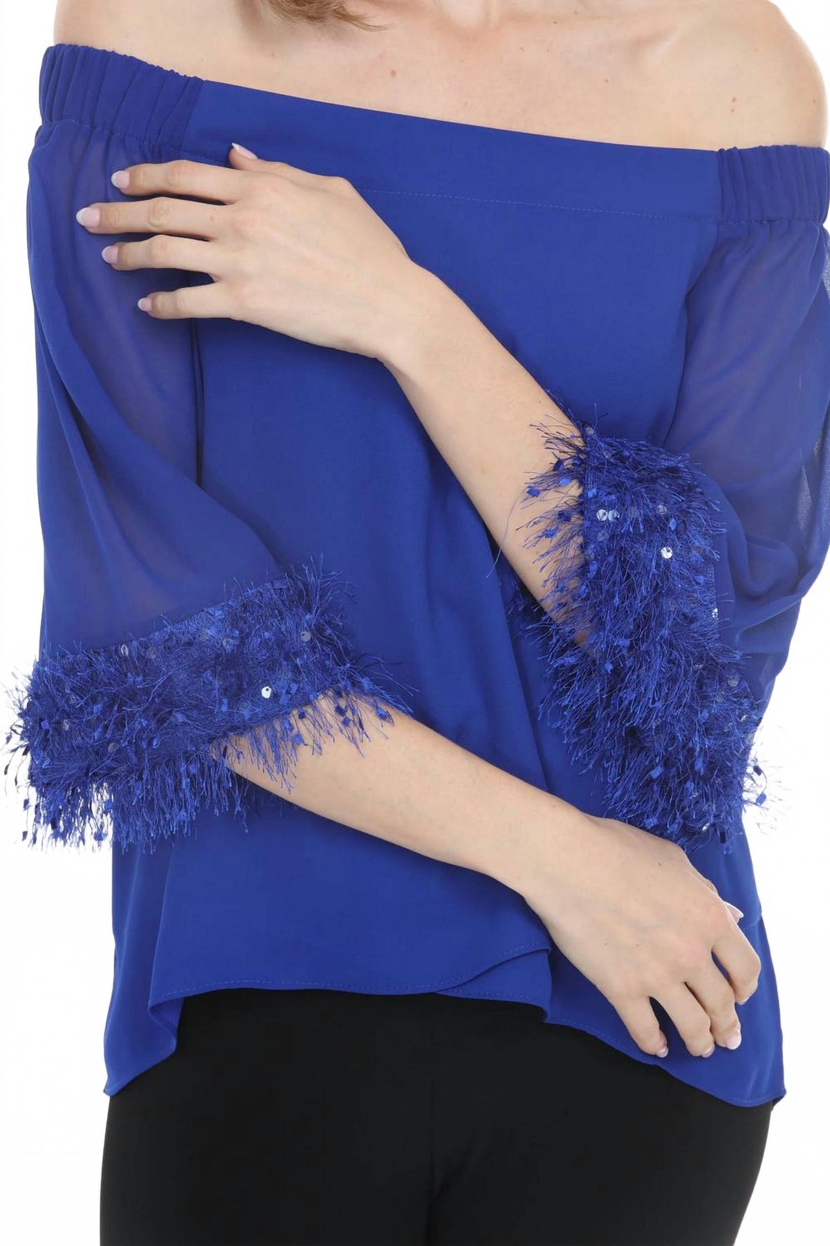 Off-Shoulder Fringe Trim Top In Royal Sapphire