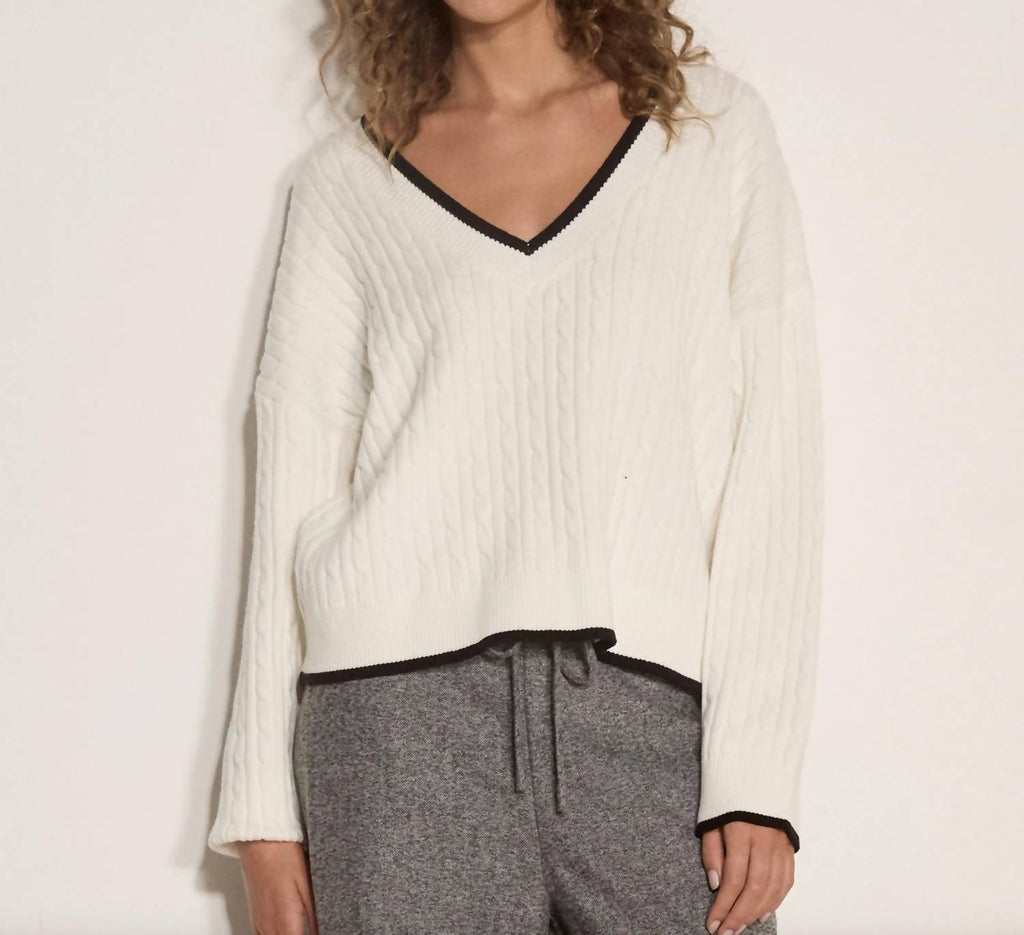 Oversized Cable Sweater With Contrast Trim In White