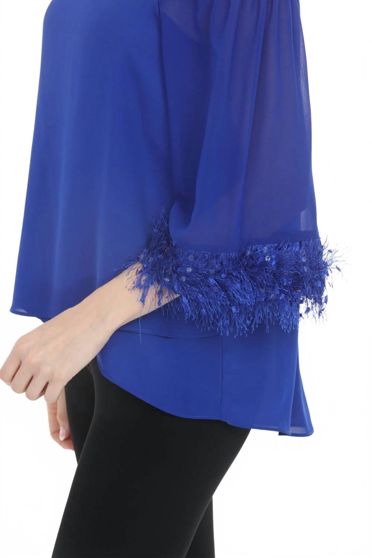 Off-Shoulder Fringe Trim Top In Royal Sapphire