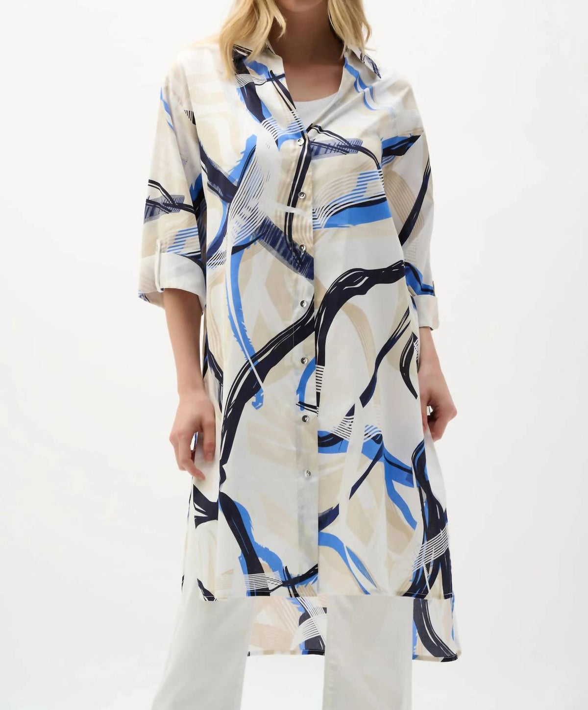 Abstract Cotton Longline Blouse In Vanilla/multi