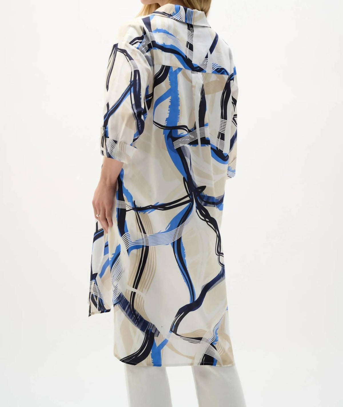 Abstract Cotton Longline Blouse In Vanilla/multi