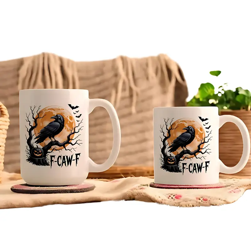F-Caw-F Funny Crow Mug, Black Crow Moonlit Ravenn Accent Mug, Funny Raven Lover Halloween Gift