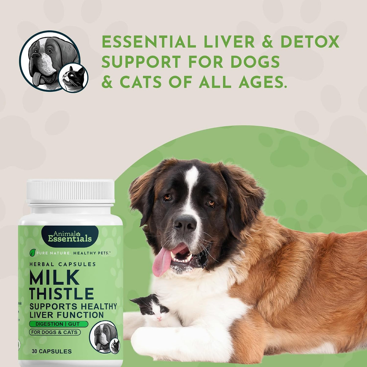 Animal Essentials Herbal Capsules Milk Thistle Supports Healthy Liver Function for Dogs & Cats, 30-count