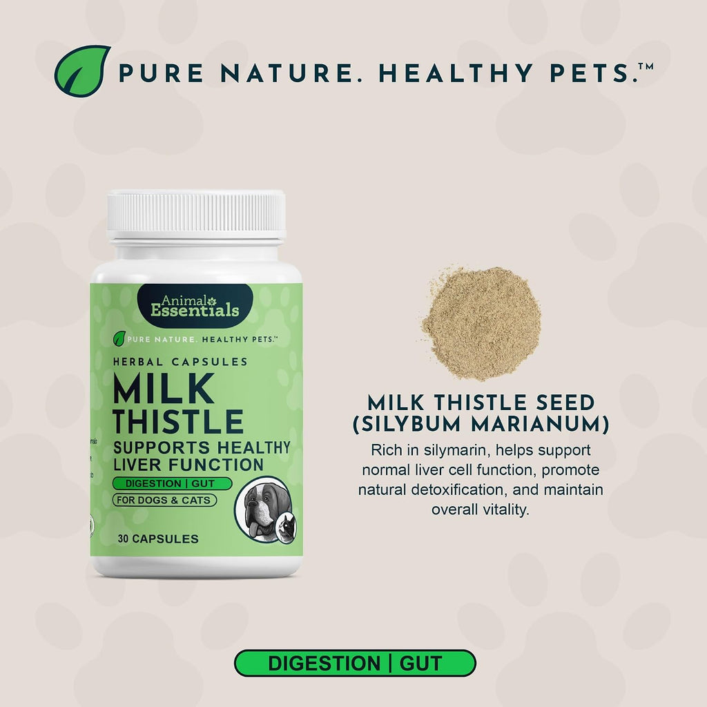 Animal Essentials Herbal Capsules Milk Thistle Supports Healthy Liver Function for Dogs & Cats, 30-count