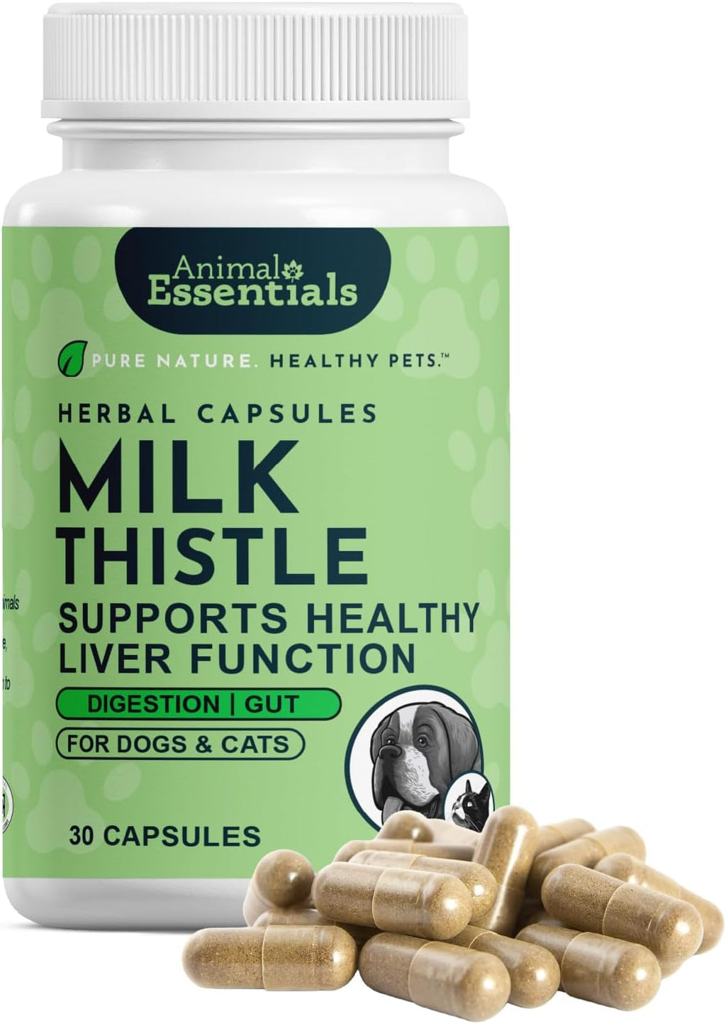 Animal Essentials Herbal Capsules Milk Thistle Supports Healthy Liver Function for Dogs & Cats, 30-count