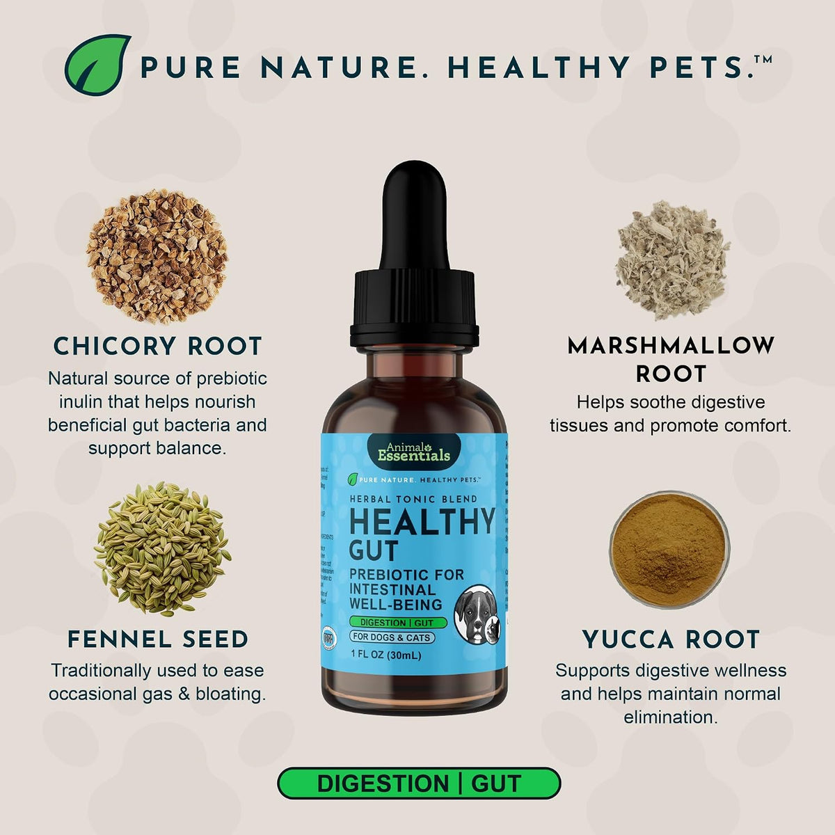 Animal Essentials Herbal Tonic Blend Healthy Gut Prebiotic for Intestinal Well-Being for Dogs & Cats