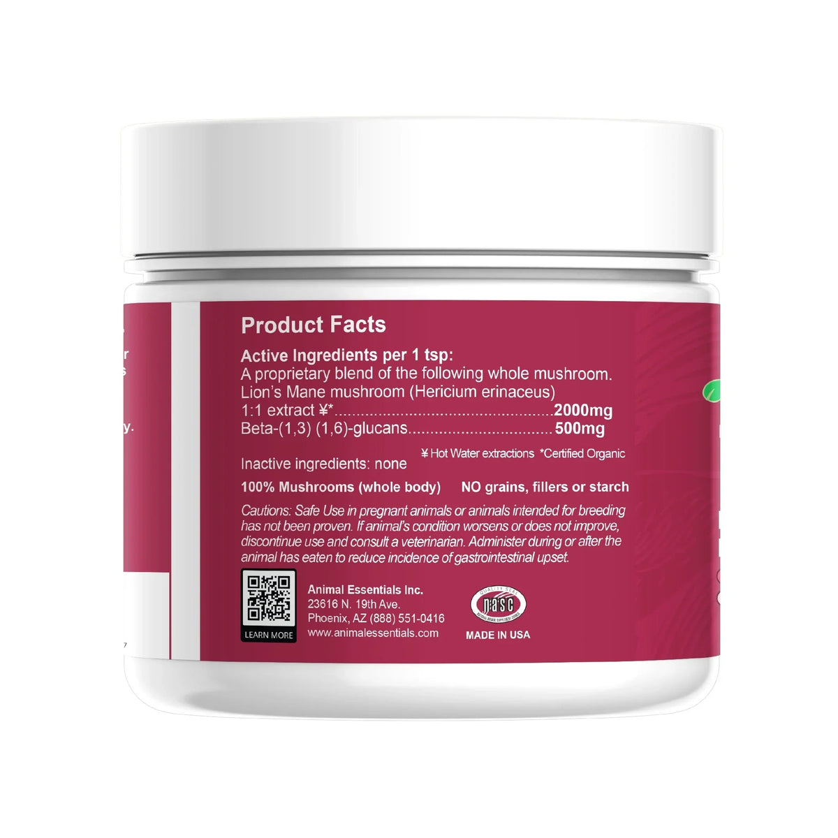 Animal Essentials Lion's Mane Mushroom Focus Cardiovascular Support for Dogs & Cats, 1.8-oz