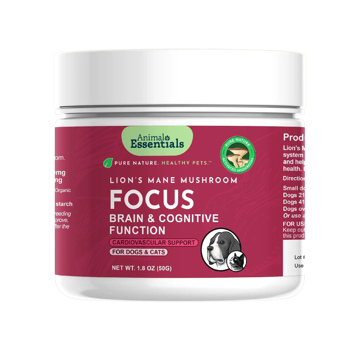 Animal Essentials Lion's Mane Mushroom Focus Cardiovascular Support for Dogs & Cats, 1.8-oz