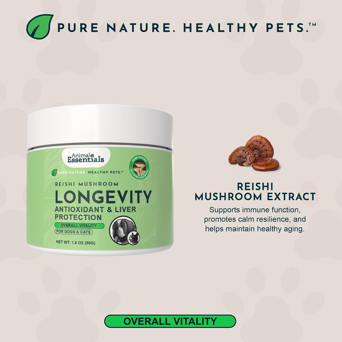 Animal Essentials Reishi Mushroom Longevity Antioxidant & Liver Protection for Dogs & Cats, 1.8-oz