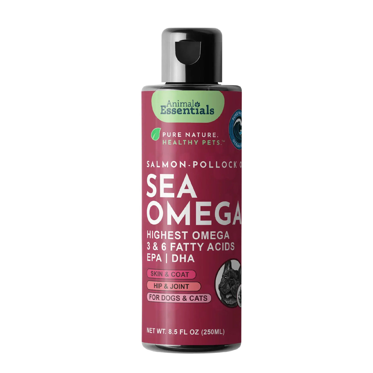 Animal Essentials Salmon-Pollock Fish Oil Sea Omega Highest Omega 3 & 6 Fatty Acids EPA/DHA for Dogs & Cats, 8.5-oz