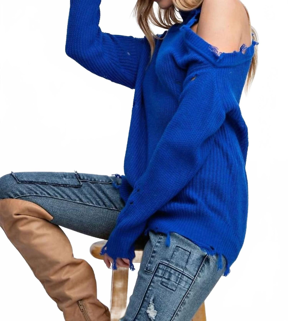 Lauren Cold Shoulder Distressed Sweater In Royal Blue