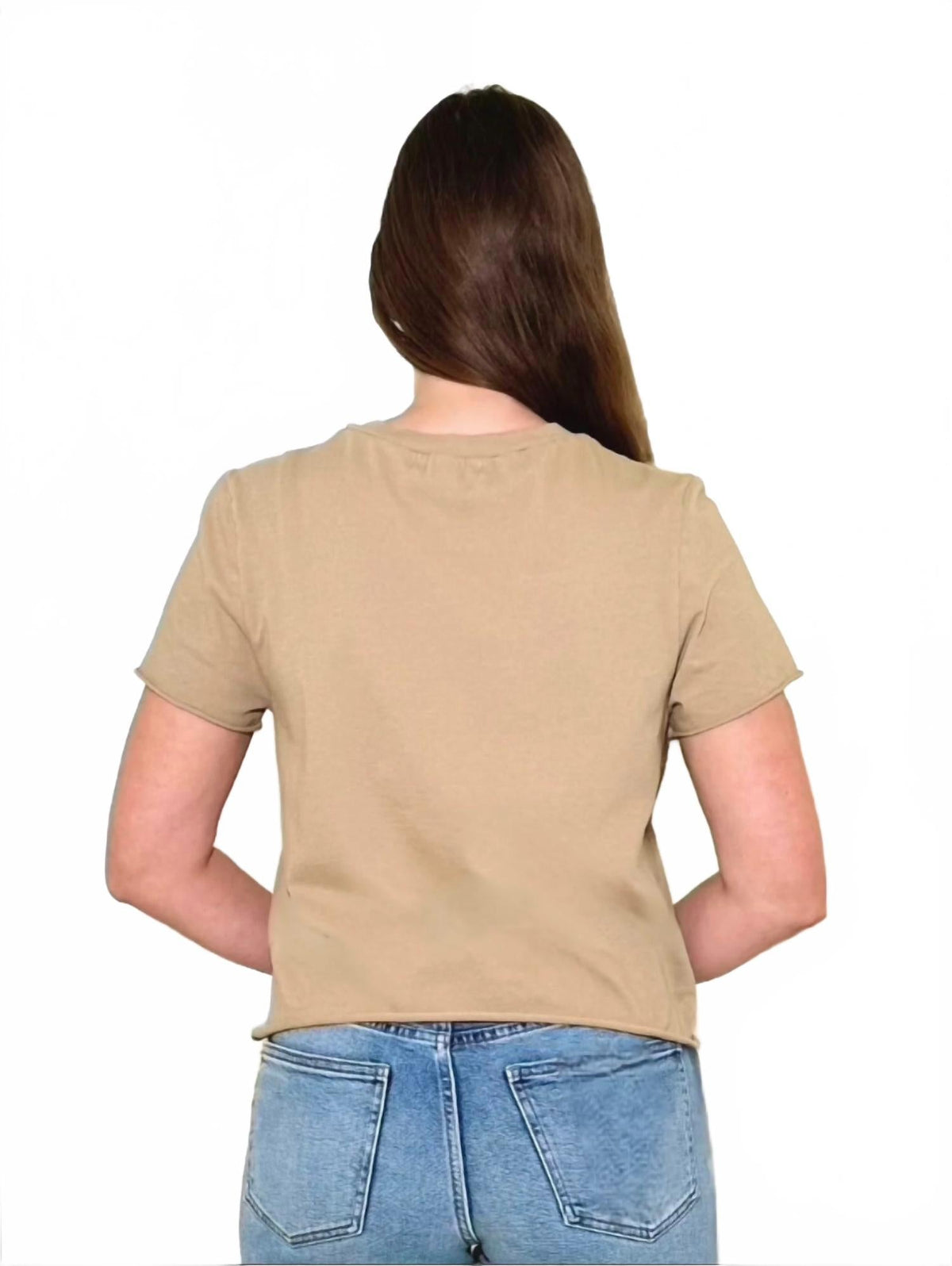 Jackie Raw Edge Short Sleeve Daily Crew Tee In Macadamia