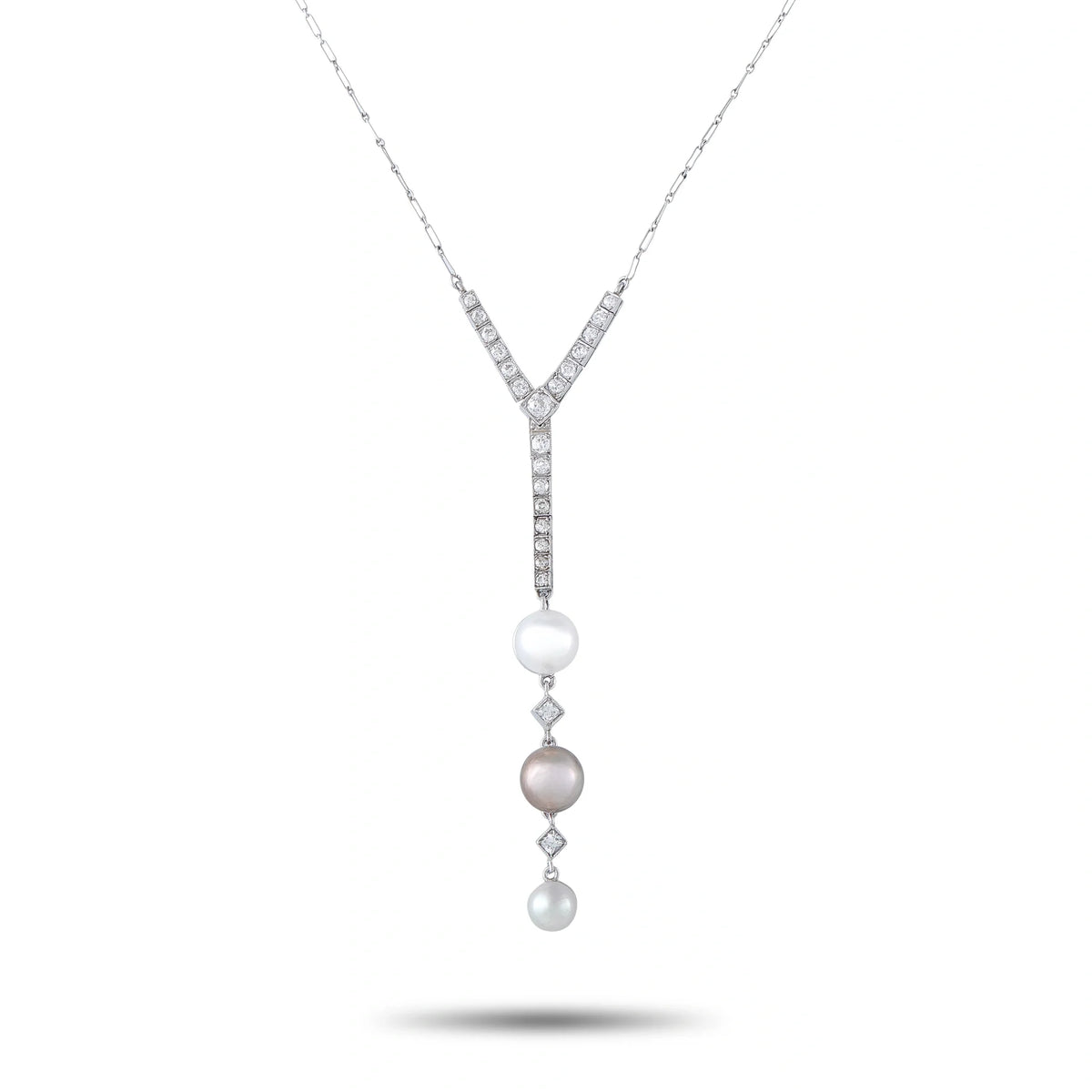 LB Exclusive Platinum 18K White Gold 0.85ct Diamond and Pearl Vintage Pendant Necklace MF04-073026