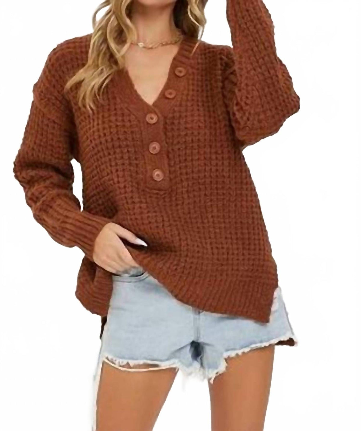 Chunky Waffle Knit Sweater In Brown