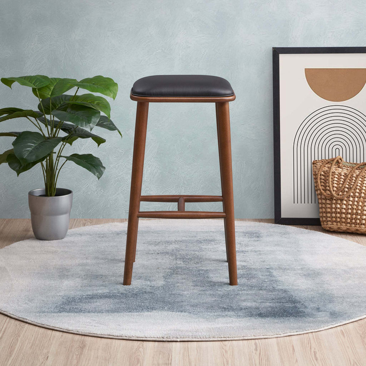 Mid-Century PU Leather Bar Stool with Wood Frame