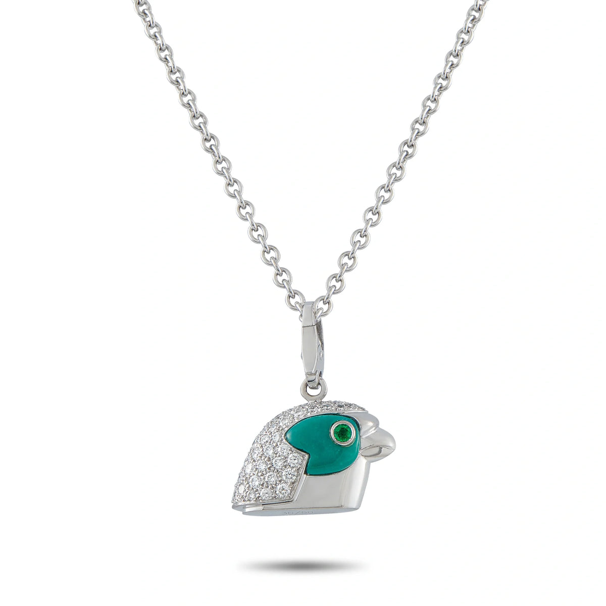 Cartier Vintage Eagle Head 18K White Gold 1.17ct Diamond, Emerald, and Turquoise Pendant Necklace CA02-100626