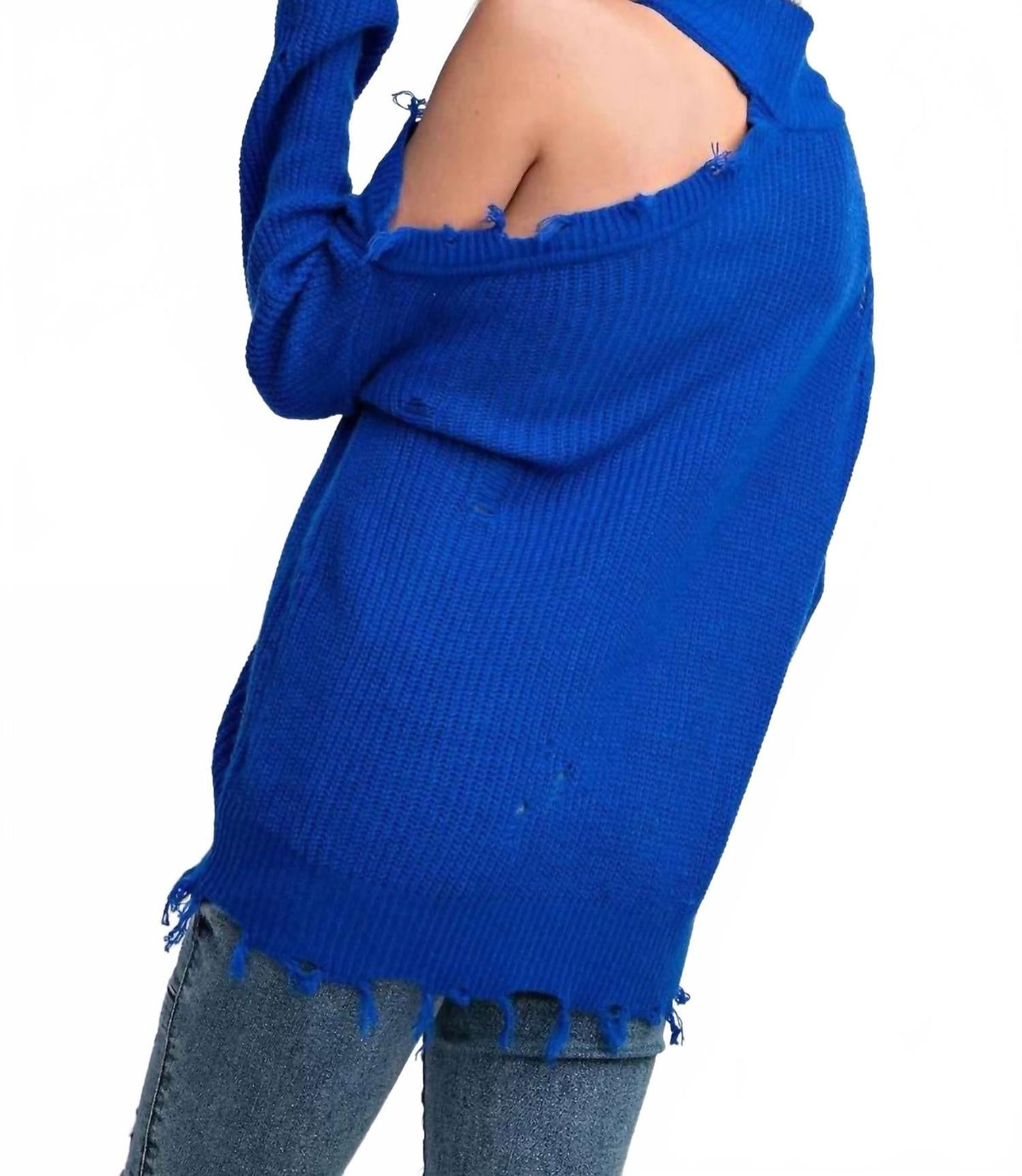 Lauren Cold Shoulder Distressed Sweater In Royal Blue