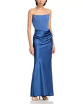 Long Scuba Strapless Gown In Blue