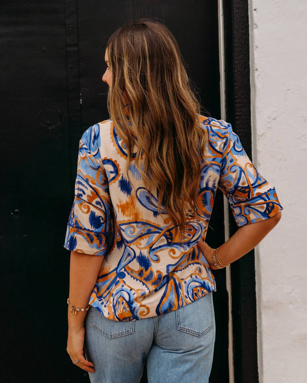 Pocket Overshirt Top In Golden Blue Paisley
