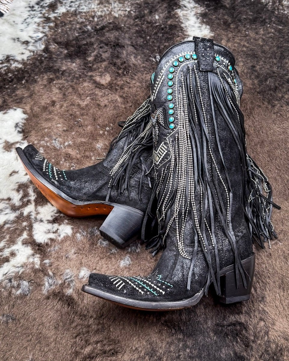 Blackridge Stampede Fringe Snip Toe Boots in Black by Corral