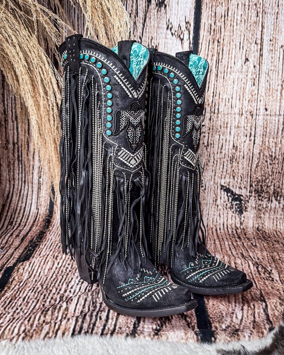 Blackridge Stampede Fringe Snip Toe Boots in Black by Corral