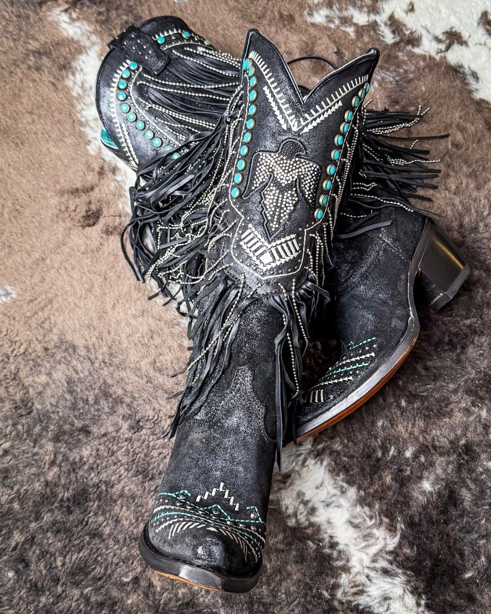 Blackridge Stampede Fringe Snip Toe Boots in Black by Corral