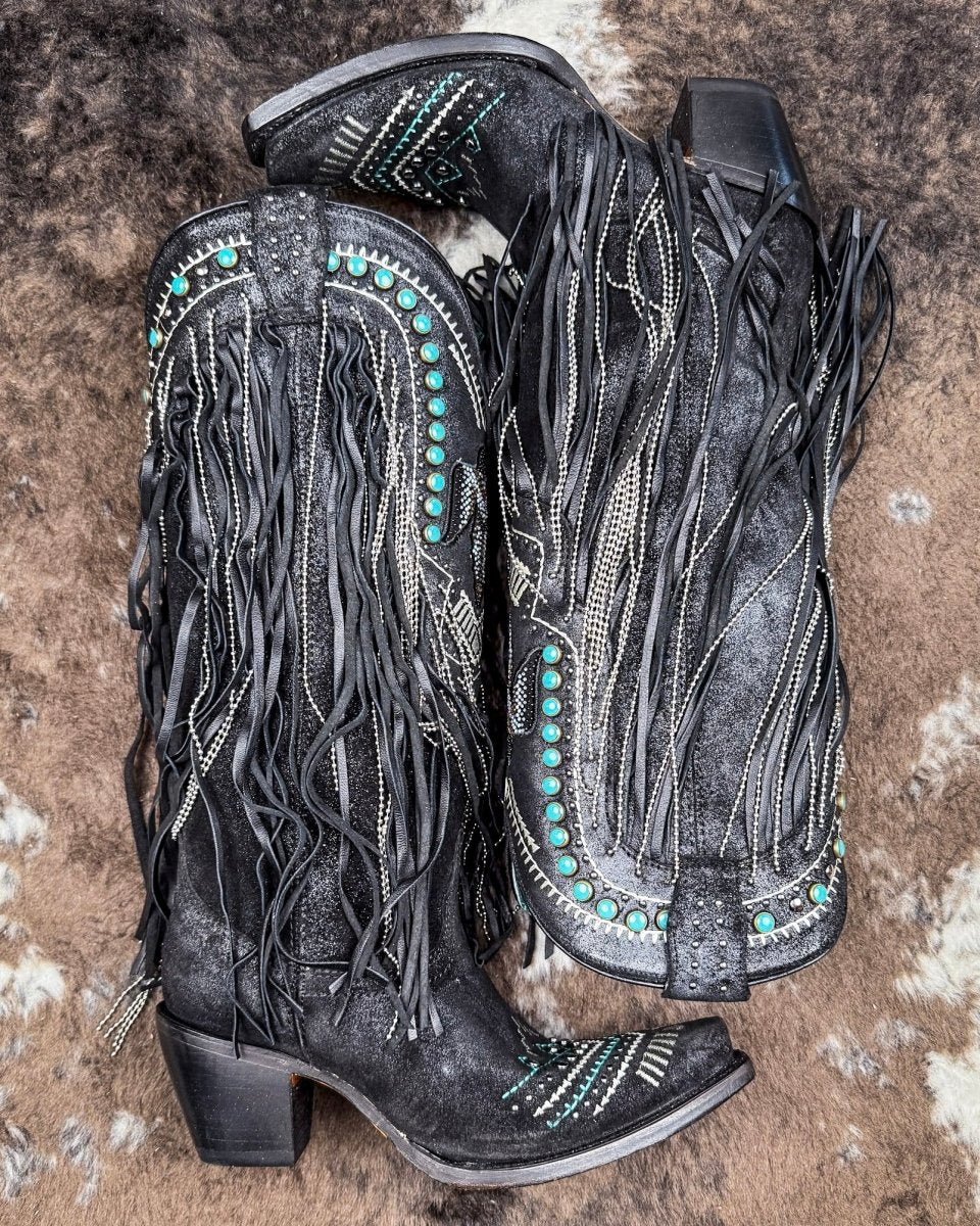 Blackridge Stampede Fringe Snip Toe Boots in Black by Corral