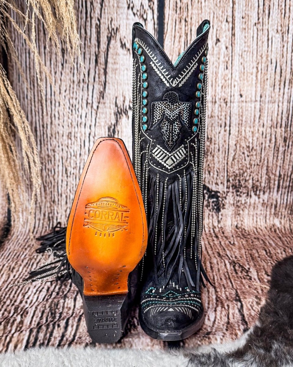 Blackridge Stampede Fringe Snip Toe Boots in Black by Corral