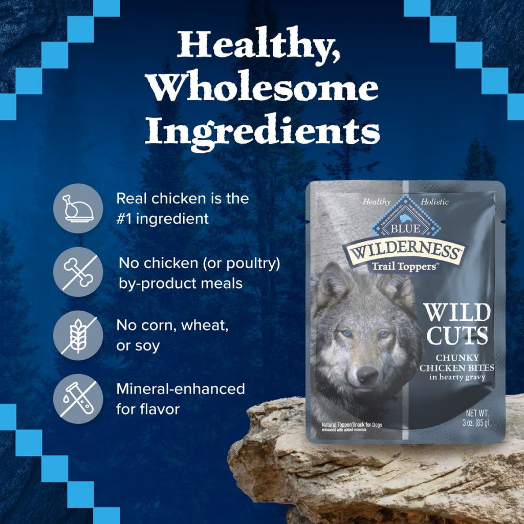 Blue Buffalo Wilderness Trail Toppers Wild Cuts Chunky Chicken Bites in Hearty Gravy Wet Food Topper For Dogs (3 oz x 24 pouches)