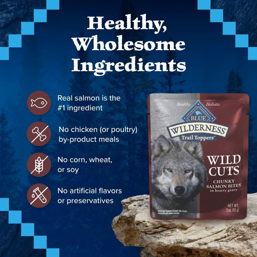 Blue Buffalo Wilderness Trail Toppers Wild Cuts Chunky Salmon Bites in Hearty Gravy Wet Food Topper For Dogs (3 oz x 24 pouches)