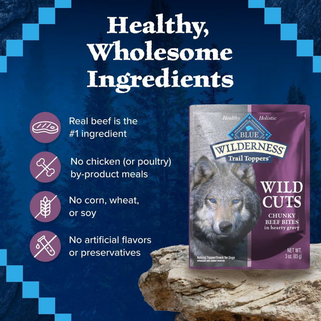 Blue Buffalo Wilderness Wild Cuts Chunky Beef Bites Wet Food Topper For Dogs (3 oz x 24 pouches)