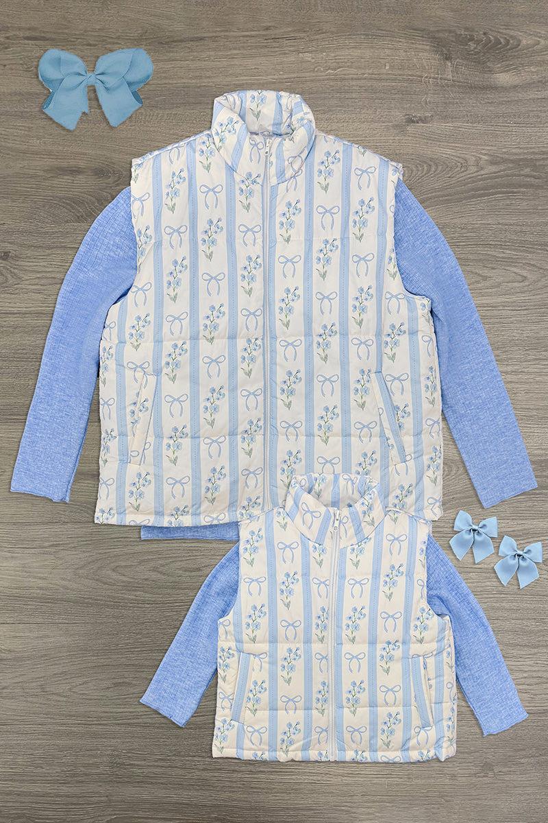 Mom & Me - Blue & White Floral Bow Vest Set