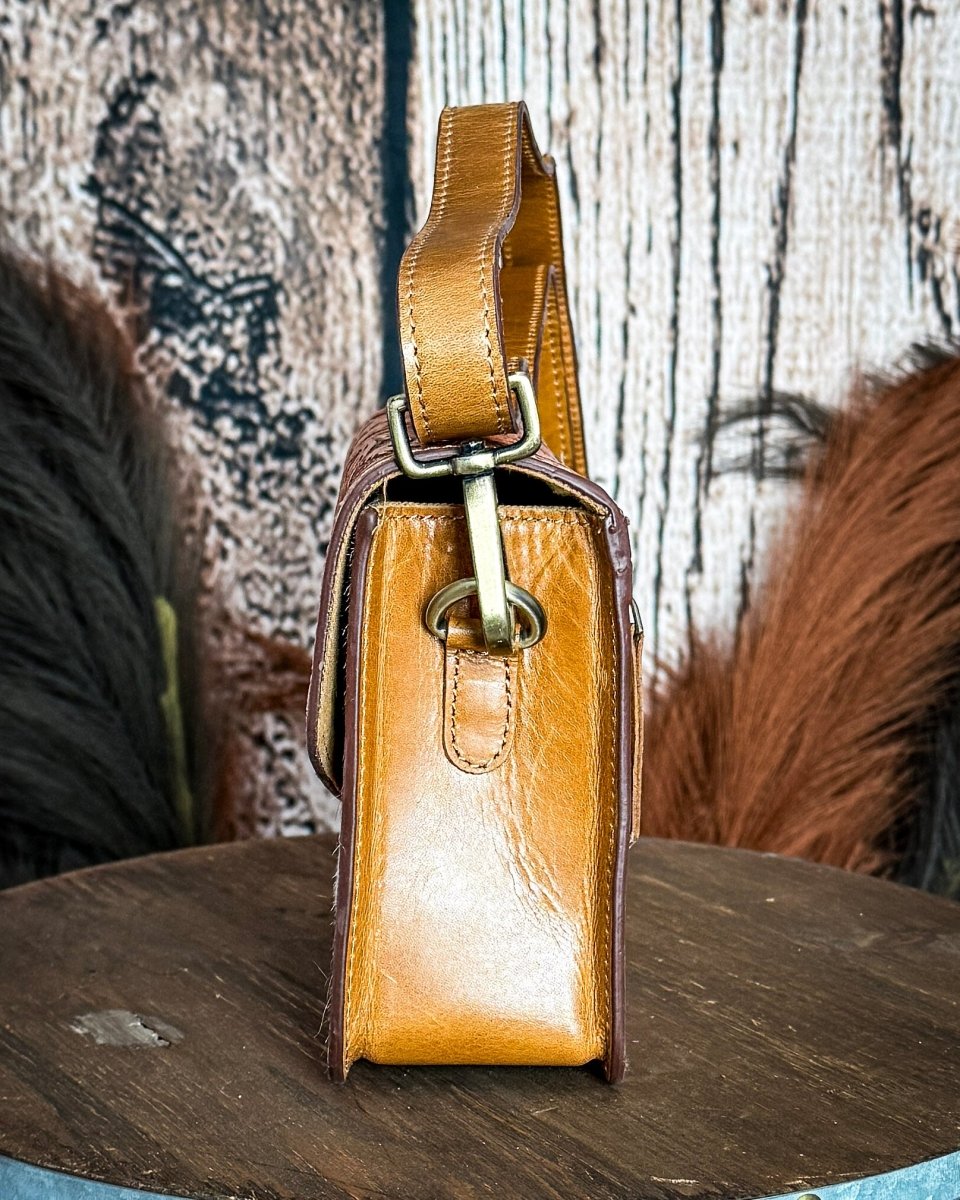 Bridle Blossom Hand Tooled Hairon Leather Bag in Amber Carve By Myra Bag