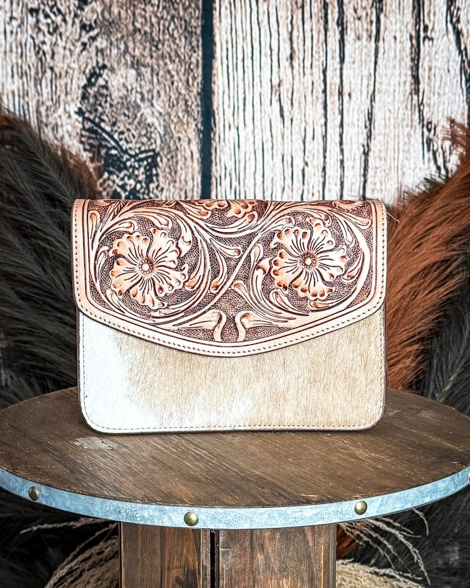 Bridle Blossom Hand Tooled Hairon Leather Bag in Amber Carve By Myra Bag