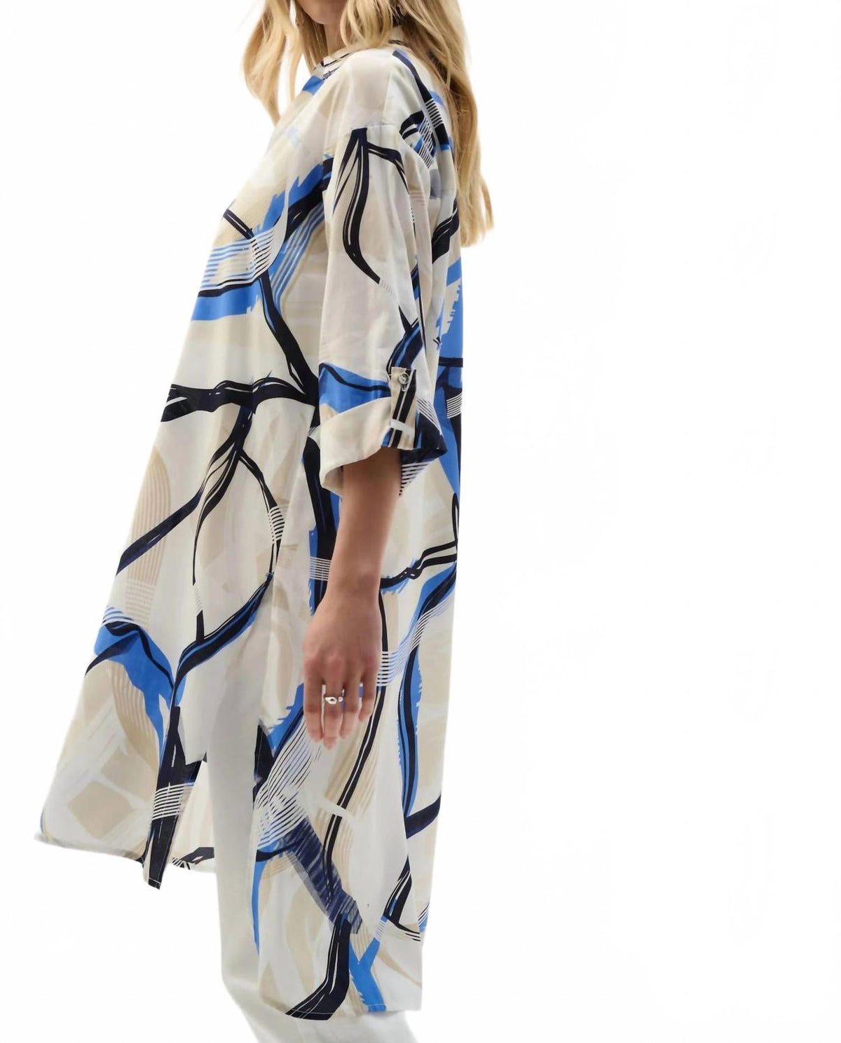 Abstract Cotton Longline Blouse In Vanilla/multi