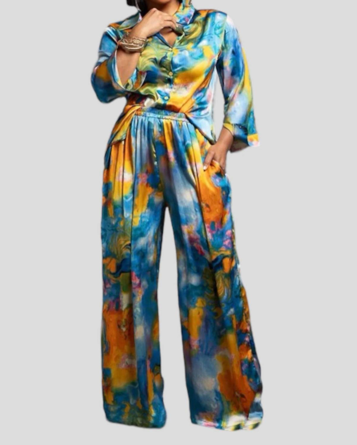 Cool Breeze Button Front Top And Wide Leg Pants Set In Multicolor