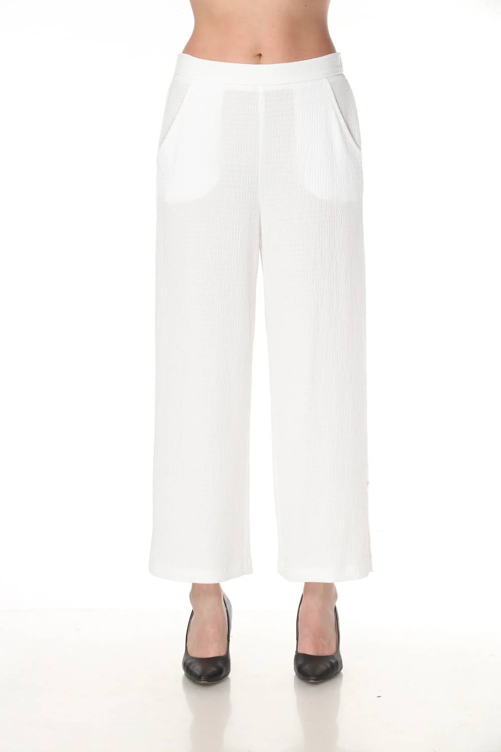 Textured Side Slit Wide Leg Pants In Off-White