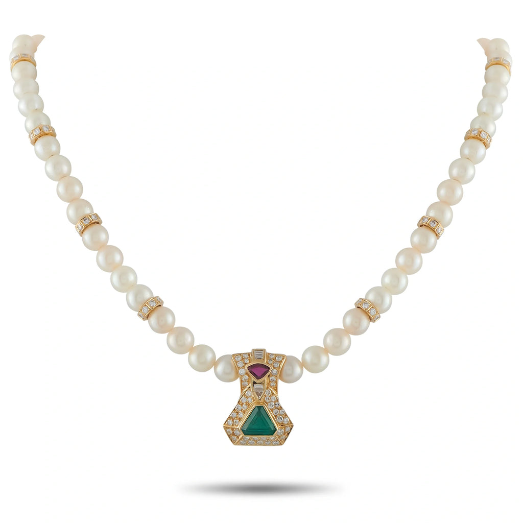 LB Exclusive 18K Yellow Gold 3.65ct Diamond, Emerald, and Ruby Cultured Pearl Necklace MF26- 070926
