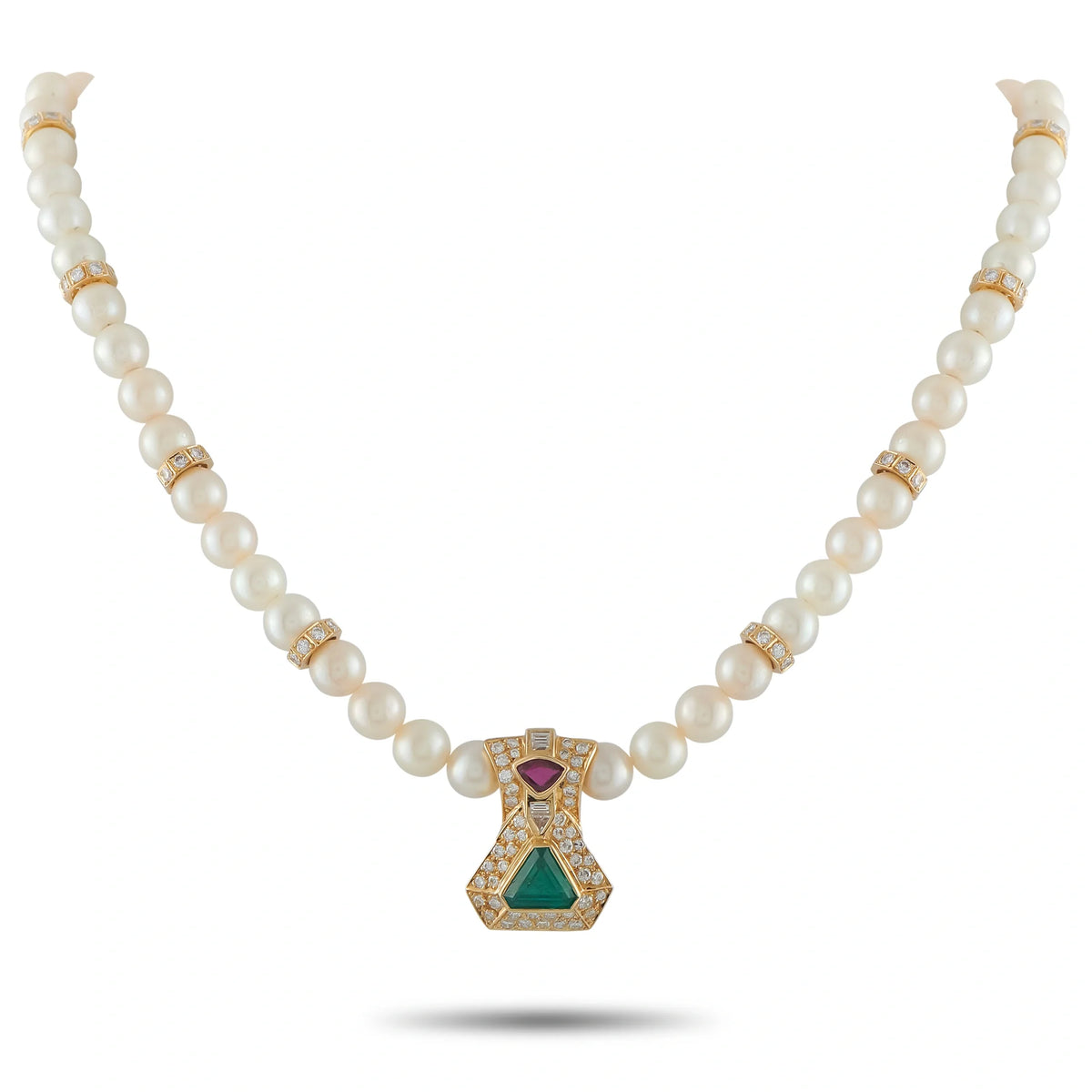 LB Exclusive 18K Yellow Gold 3.65ct Diamond, Emerald, and Ruby Cultured Pearl Necklace MF26- 070926