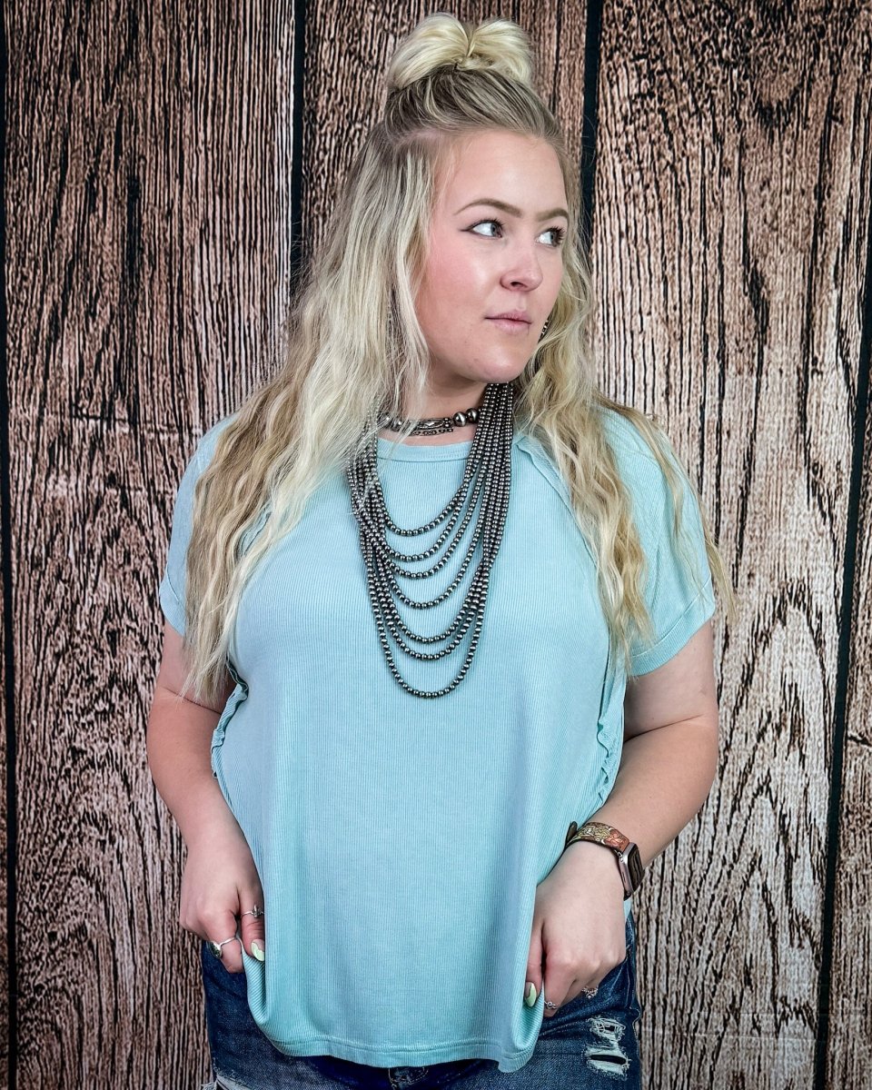 Canyon Fade Washed Ribbed Top in Dusty Aqua