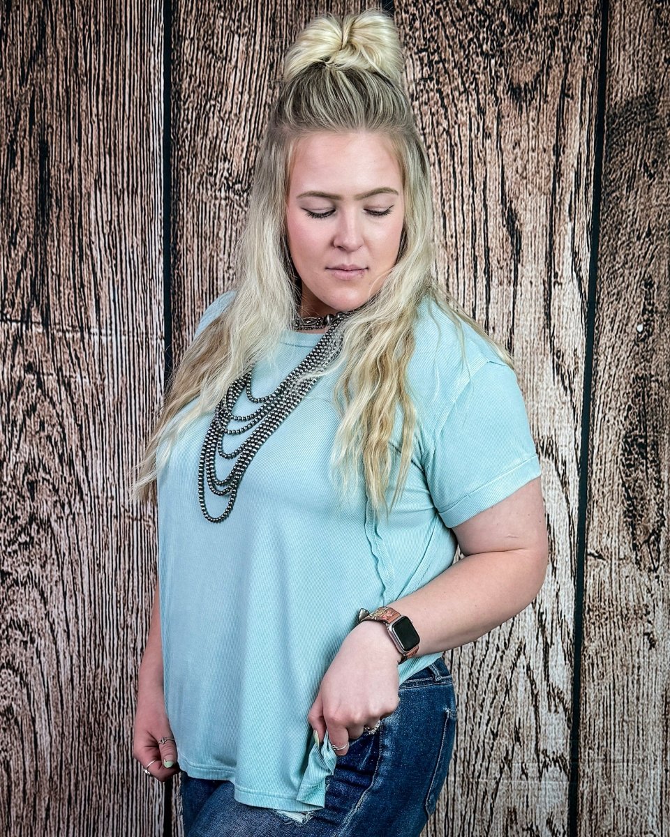 Canyon Fade Washed Ribbed Top in Dusty Aqua