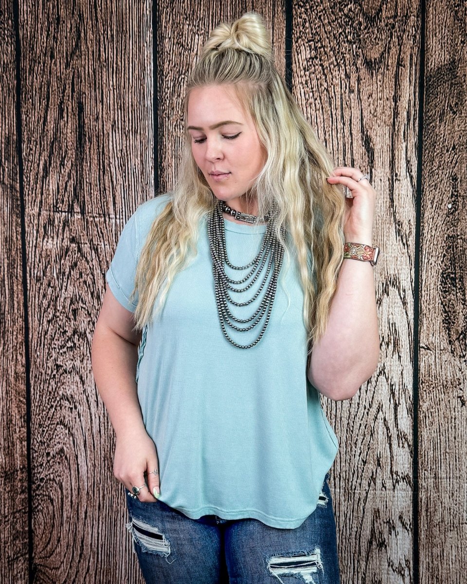 Canyon Fade Washed Ribbed Top in Dusty Aqua